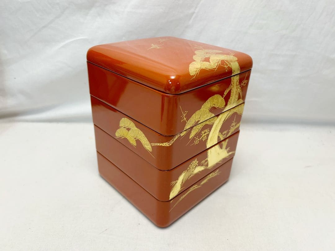 ほぼ未使用 茶道具 木製朱塗 屠蘇器五ツ揃 沈金松竹梅鶴亀蒔絵 木箱