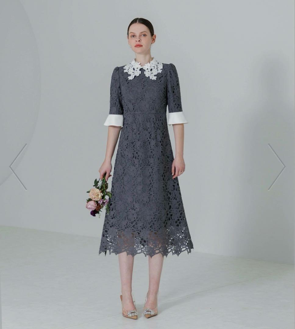 LEJA 花柄レースカラースパンコールAラインワンピースドレス 結婚式レディース