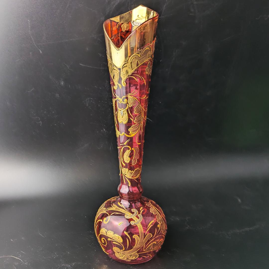 【輝く】オールドモーゼル ルビー 金彩銀彩 唐草紋様 花瓶25cm アンティーク