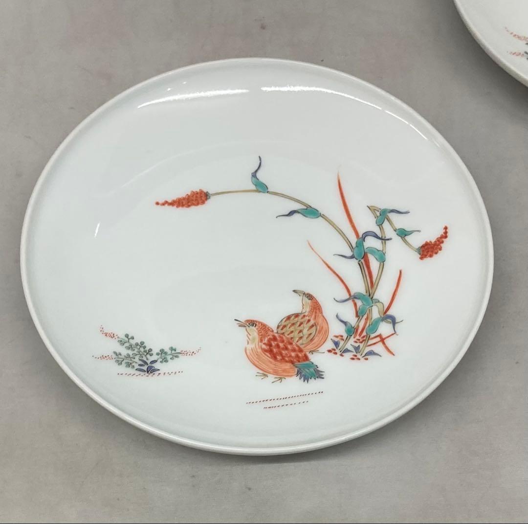 B489b「錦 粟鶉文　皿」5枚　十三代酒井田柿右衛門作　共箱　銘々皿　茶道具