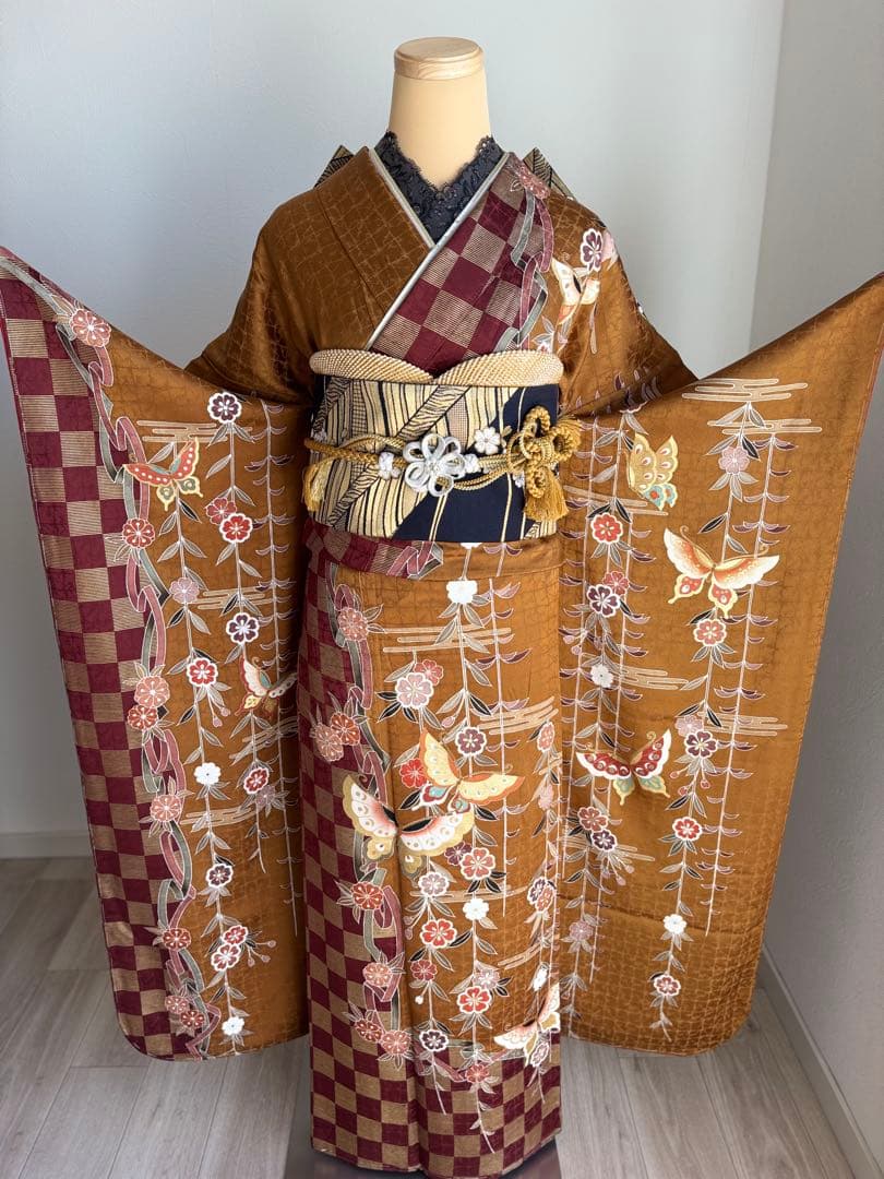 最終価格！⭐️振袖フルセット　正絹振袖　成人式　しつけ糸付き　茶系
