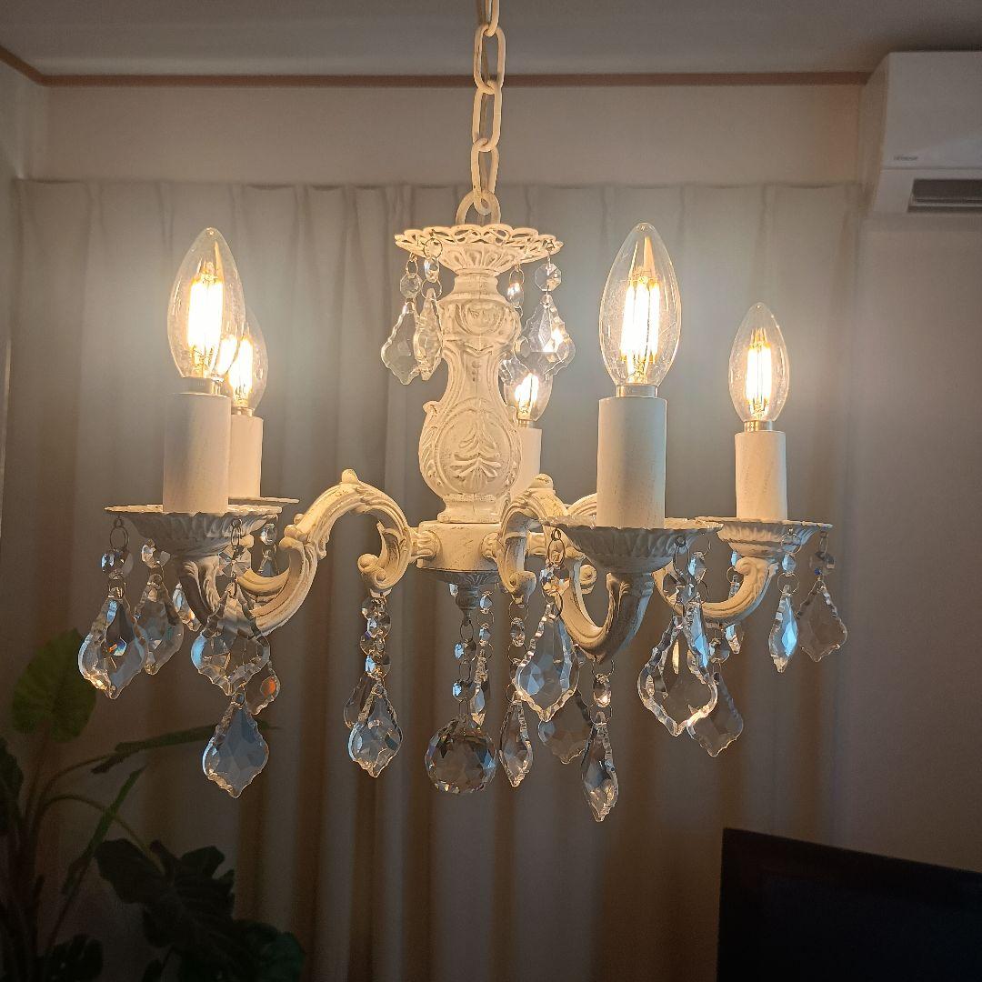 シャンデリア　シャビーホワイト　5灯 LED電球付　クリスタルガラス　注意点有り