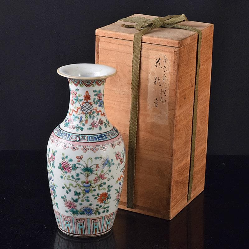 中国　南京　粉彩　花文瓶　時代箱付　M　R8180
