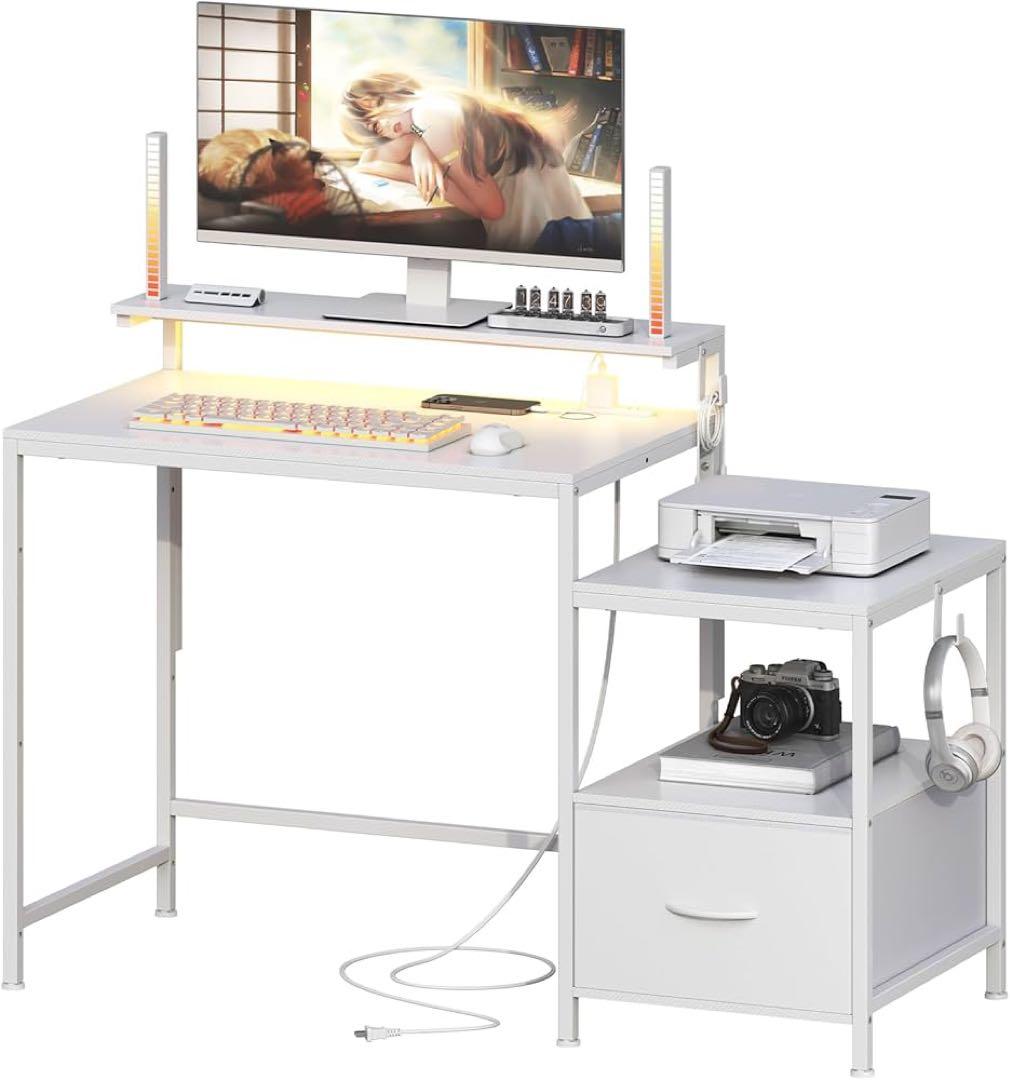 パソコンデスク ゲーミングデスク ラック＆コンセントプリンター台付き(ホワイト)