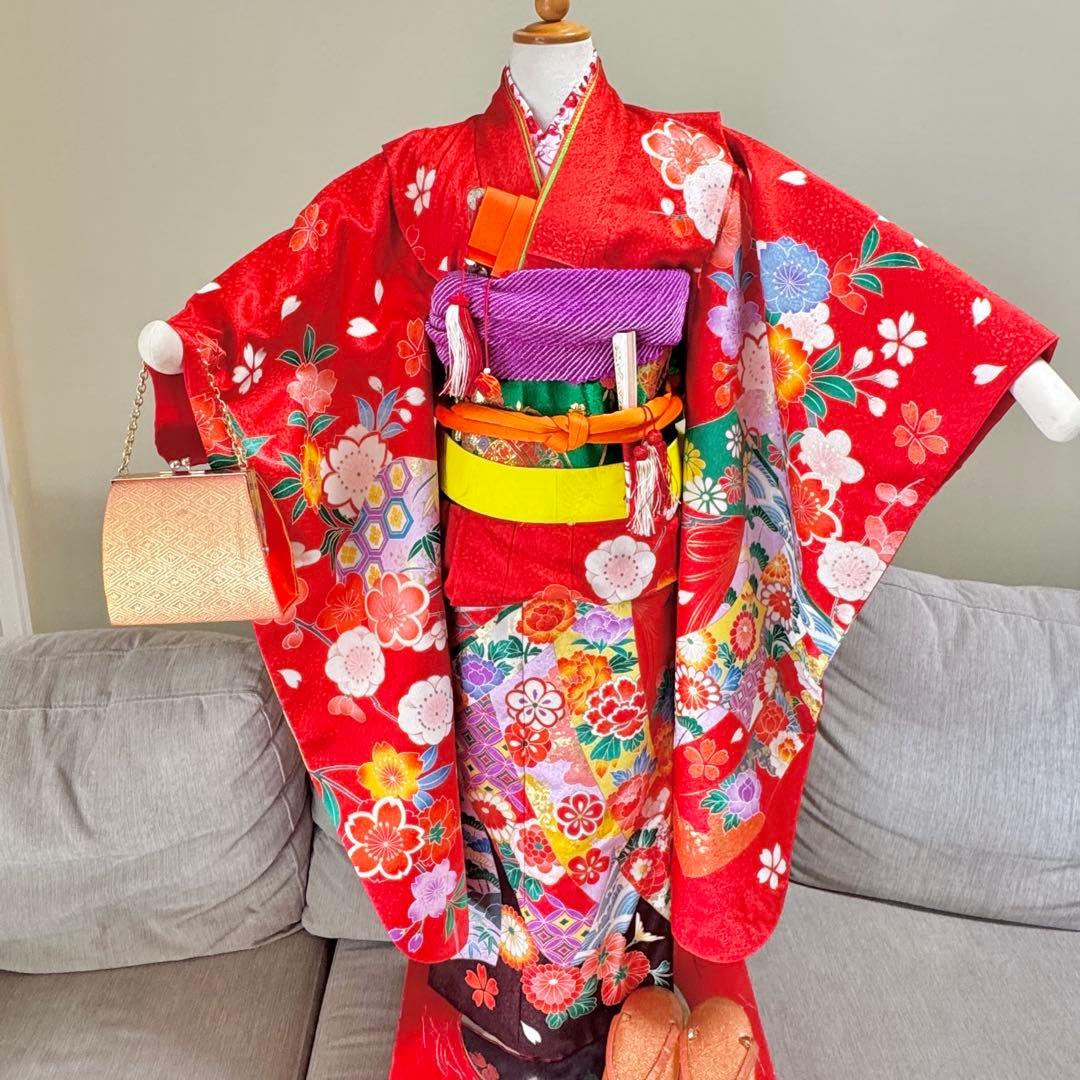 7歳七五三　フルセット　赤系着物　草履バッグ付き