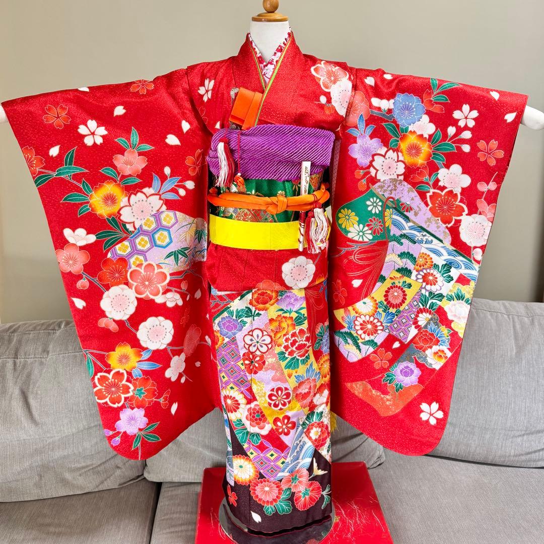 7歳七五三　フルセット　赤系着物　草履バッグ付き