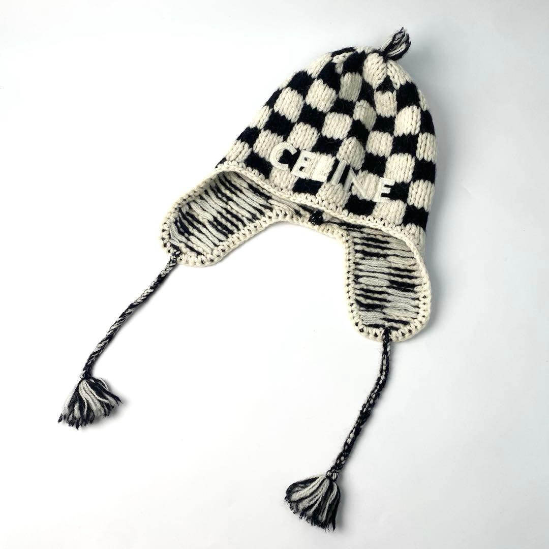 セリーヌCELINE チェック ニット ロゴ キャップ