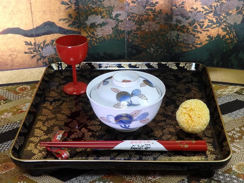 古伊万里　染錦　茄子の図　蓋茶碗　AS-DCa