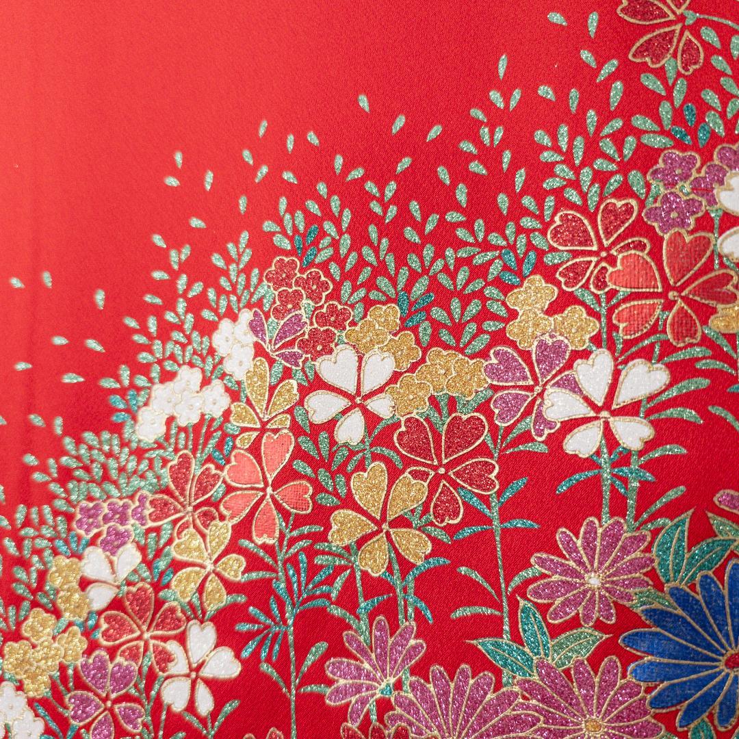 R7SK1289 引き振袖 大振袖 赤 ゴールド 豪華 ラメ 花 シルク 着物