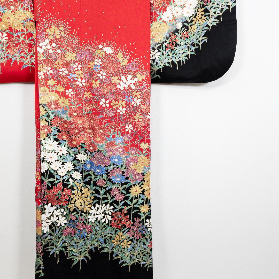 R7SK1289 引き振袖 大振袖 赤 ゴールド 豪華 ラメ 花 シルク 着物