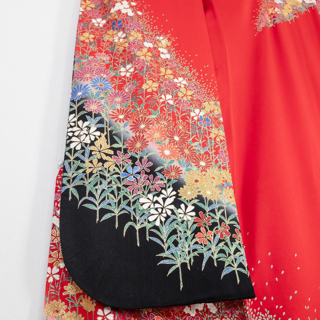R7SK1289 引き振袖 大振袖 赤 ゴールド 豪華 ラメ 花 シルク 着物