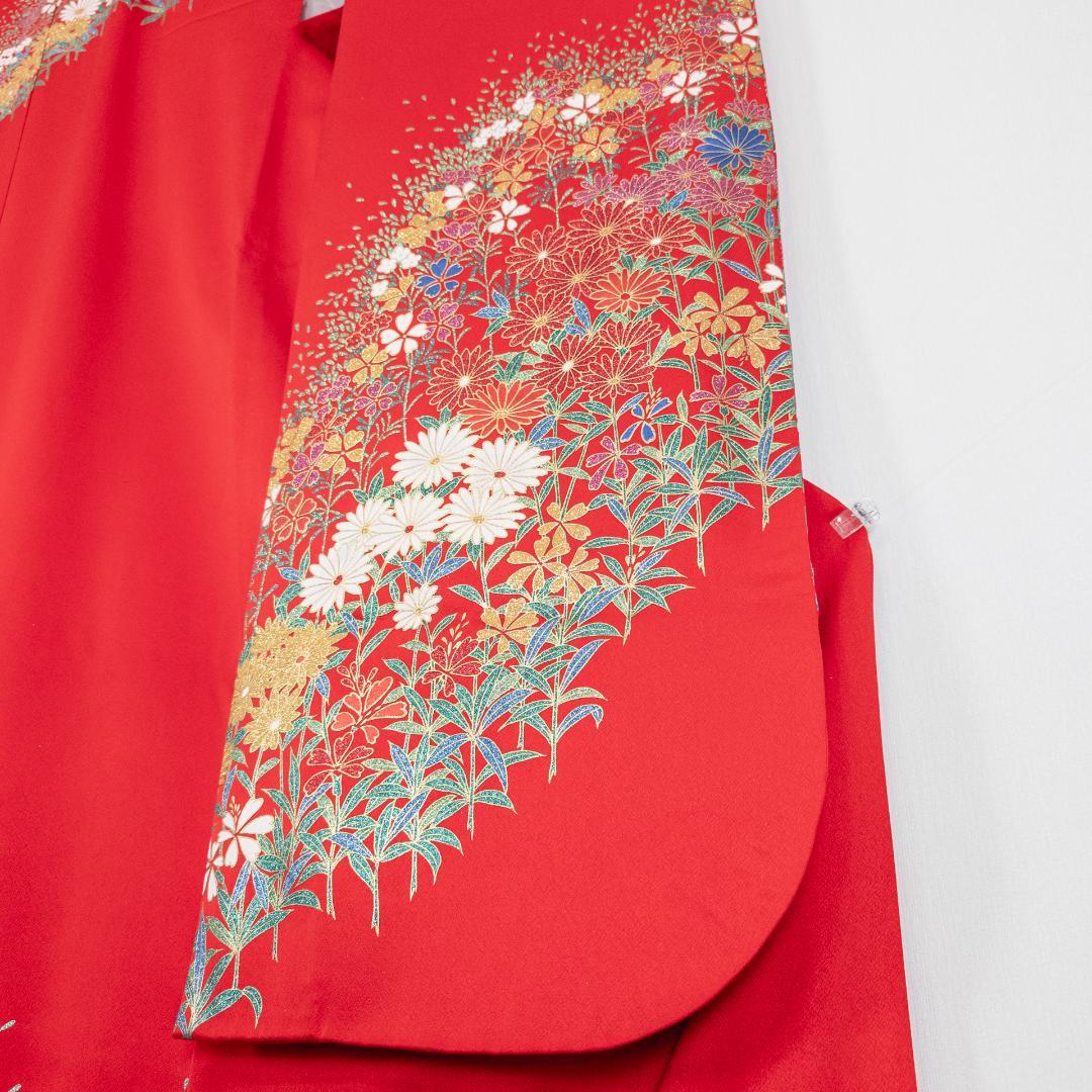 R7SK1289 引き振袖 大振袖 赤 ゴールド 豪華 ラメ 花 シルク 着物