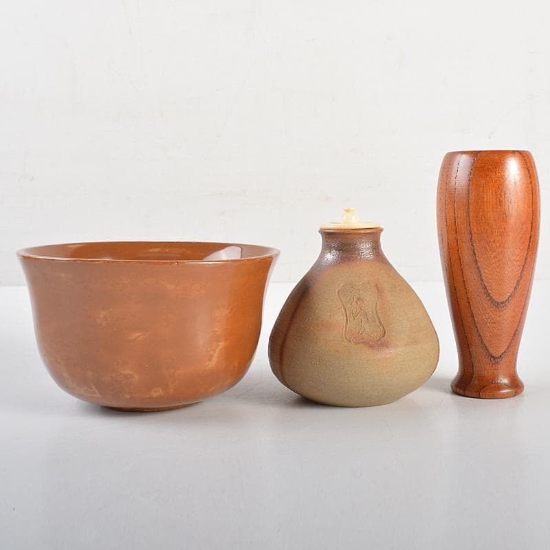 茶道具　黒漆　四君子蒔絵　茶箱　茶碗　茶入など　四点一式　仕覆付　V　R7344