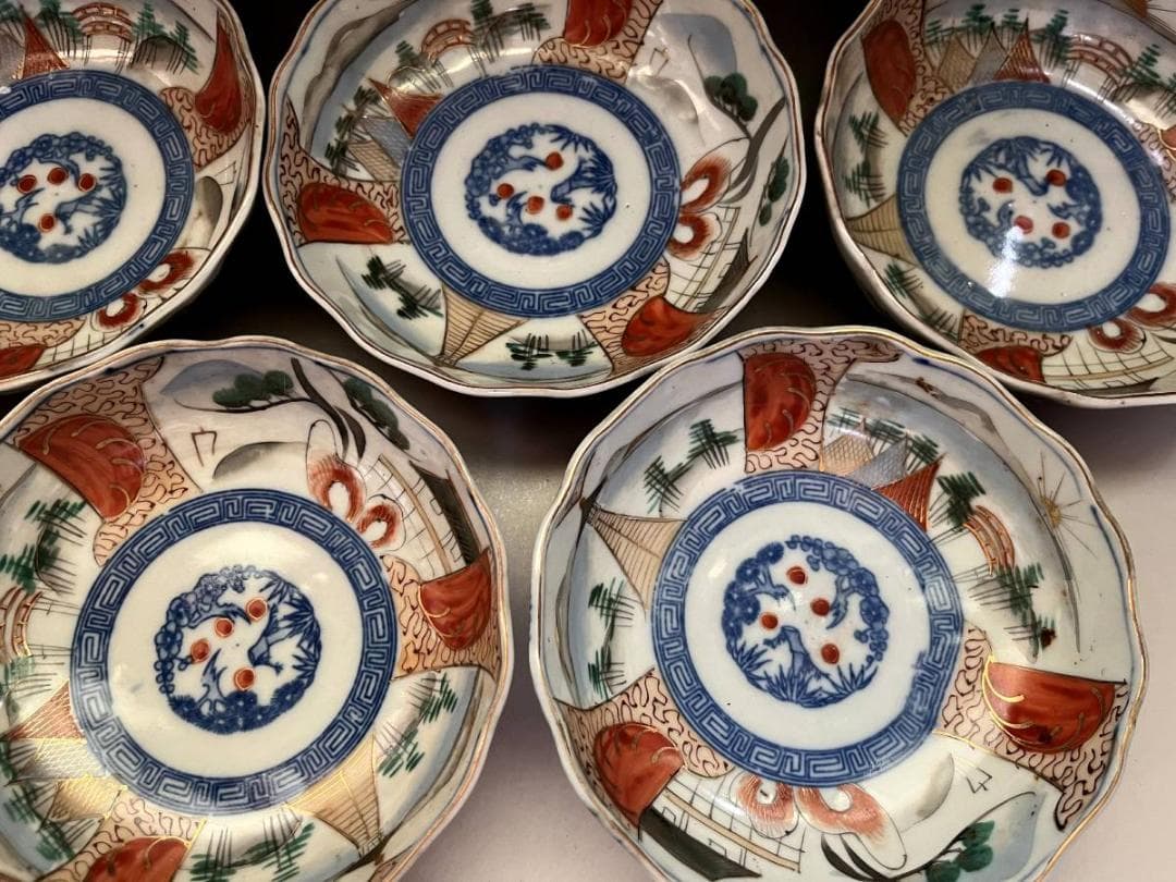 皿■伊万里赤絵膾鉢 なます皿 7客（明治期）山城 松竹梅 手描き印判 蛇の目高台