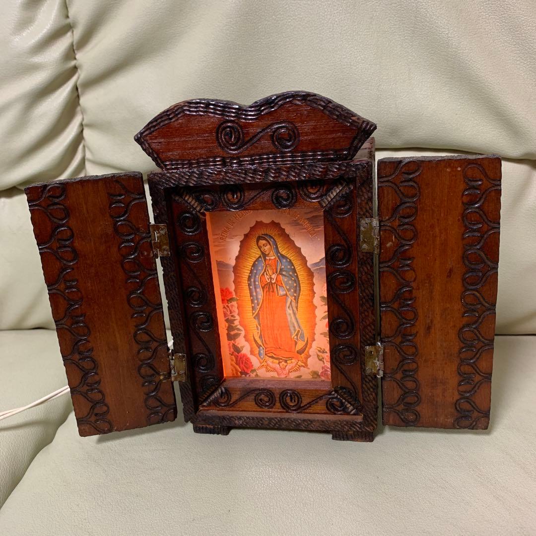 聖母マリアの彫刻入り木製箱　祭壇　キリスト　ローライダー　チカーノ　インパラ