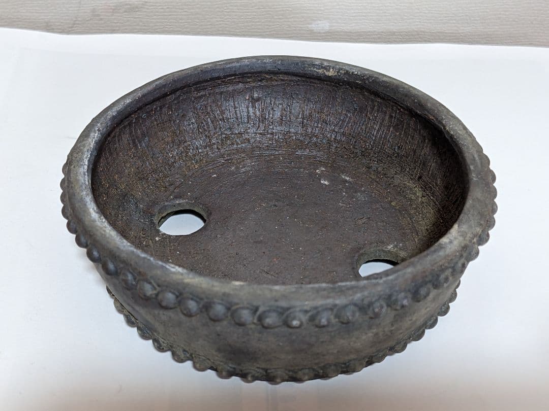 ♦小品盆栽鉢 富舟作 鋲打ち三足丸鉢ミニ盆栽鉢 コレクション 骨董品