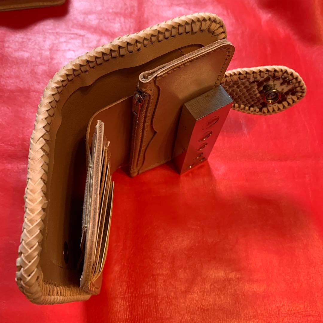 ハンドメイドレザークラフトダイヤモンドパイソンミドルウォレット財布　カードケース