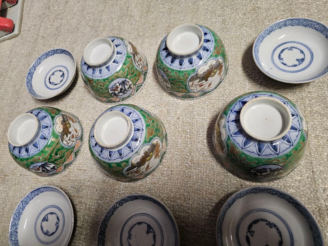 幕末明治 丸福 伊万里染錦蓋付き茶碗 五客 セット