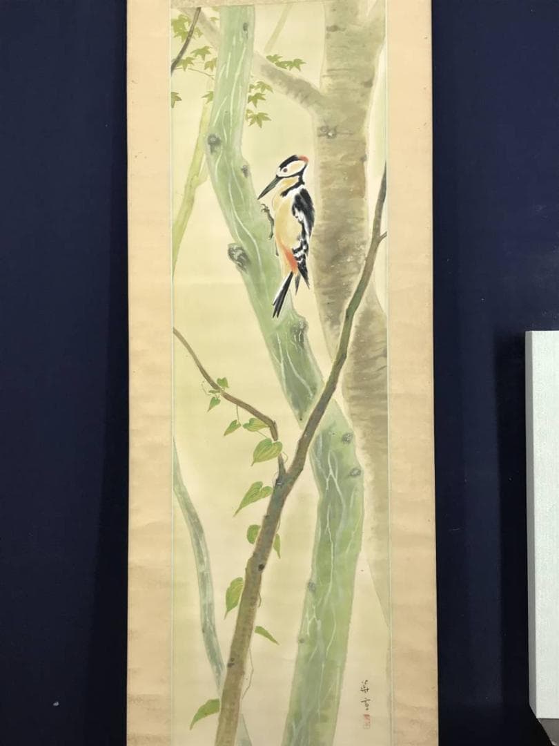 【真作】華章/キツツキ図/鳥図/花鳥図/掛軸/名家伝来/AD-261
