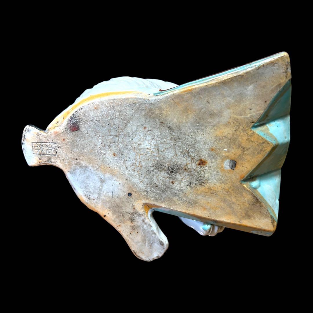 《古美術》陶器製 江戸期 古九谷 白磁扇子台座乗り金彩模様狛犬 箱付