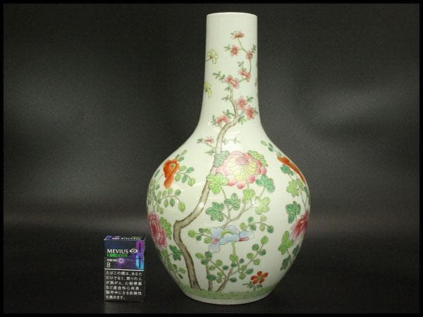 中国美術 色絵 草花紋 瓶 高40.5cm(BB495)
