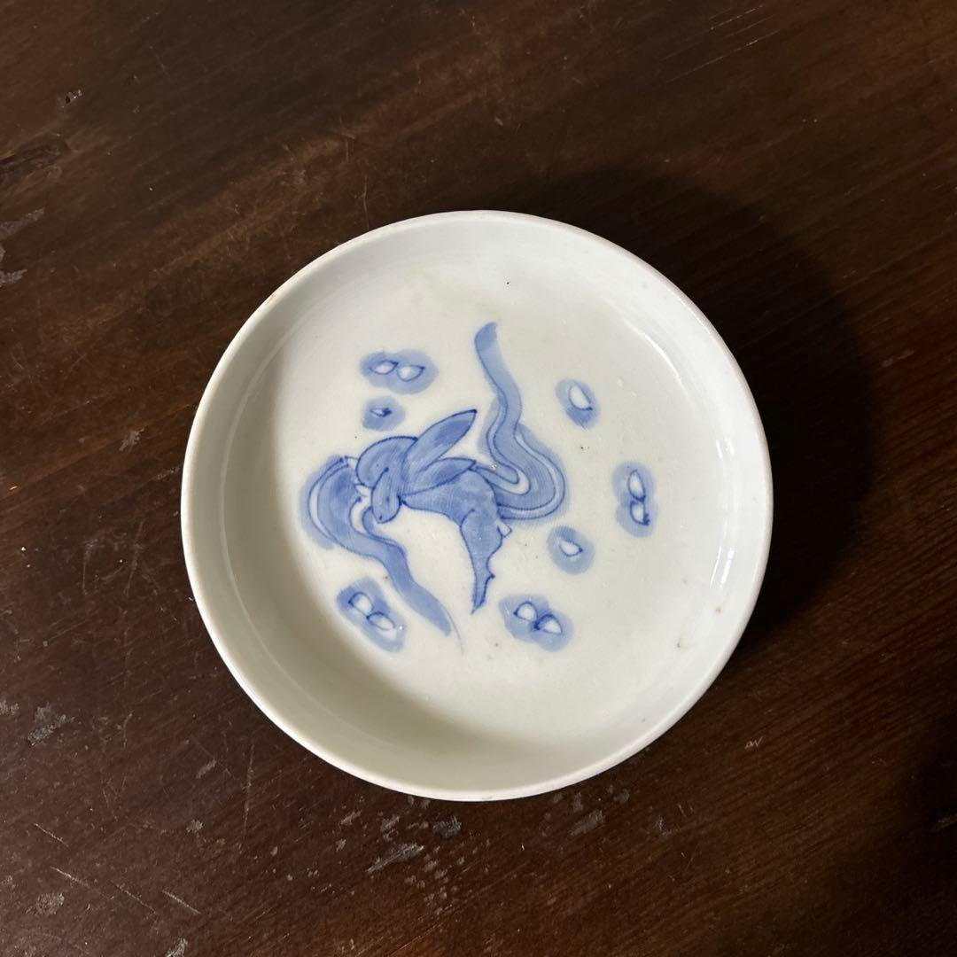 アンティーク　伊万里　うさぎ図染付小皿5点　幕末　明治　大正　検:白洲正子　李朝