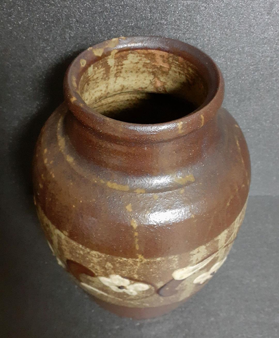 益子焼　名工　【木村一郎】作　灰釉　梅花図　壺　花入れ　花瓶　共箱