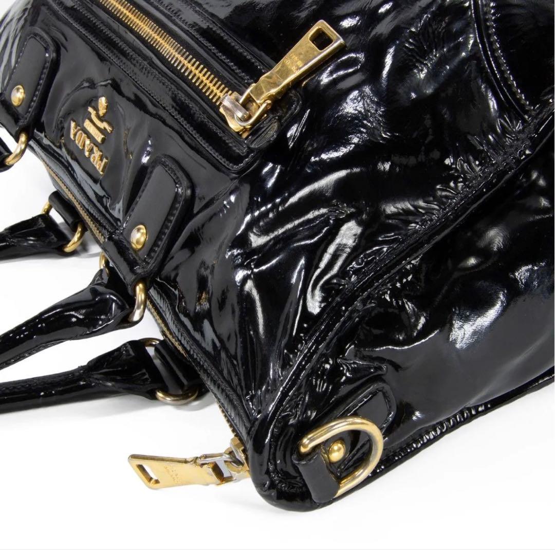 本物 プラダ 2WAYショルダー ハンドバッグ レディース エナメル 黒 肩掛け