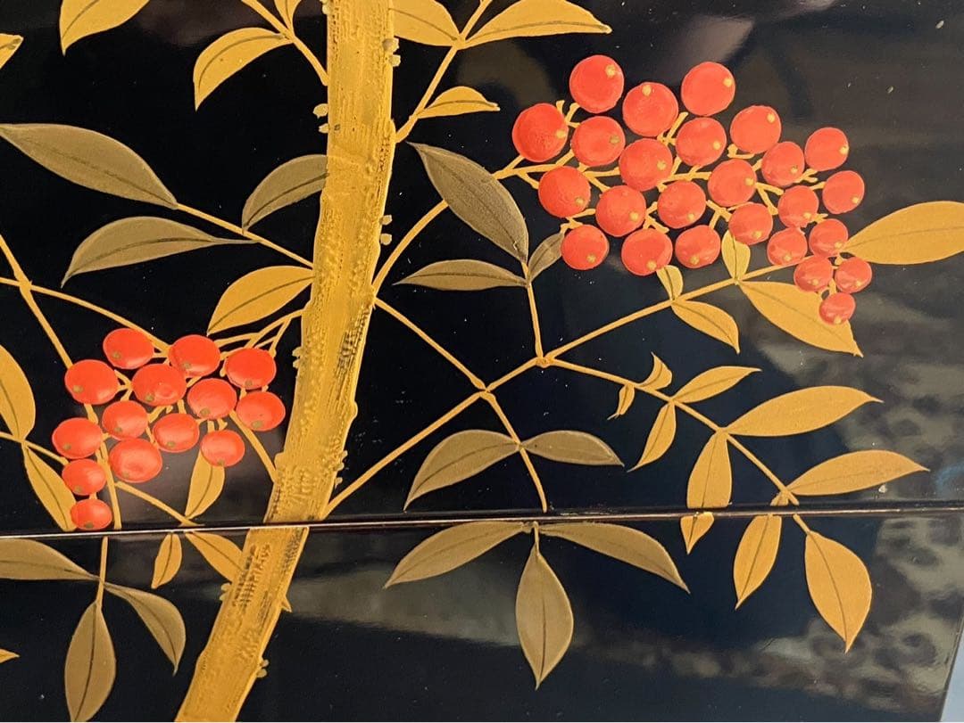 時代 南天蒔絵 黒塗内朱 五段重箱 二枚蓋 共箱 江戸末期 底梨地 / 輪島塗