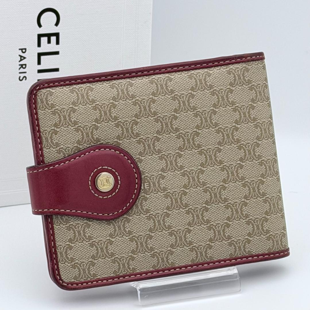 CELINE セリーヌ マカダム柄 二つ折りレザー×PVC ベージュ×レッド