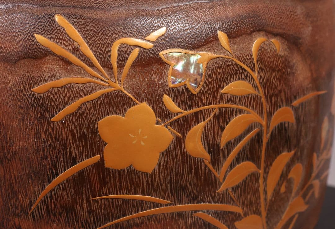 花鳥蒔絵 螺鈿細工 桐火鉢 幅30.7cm 高20cm 金蒔絵 草花【MB69