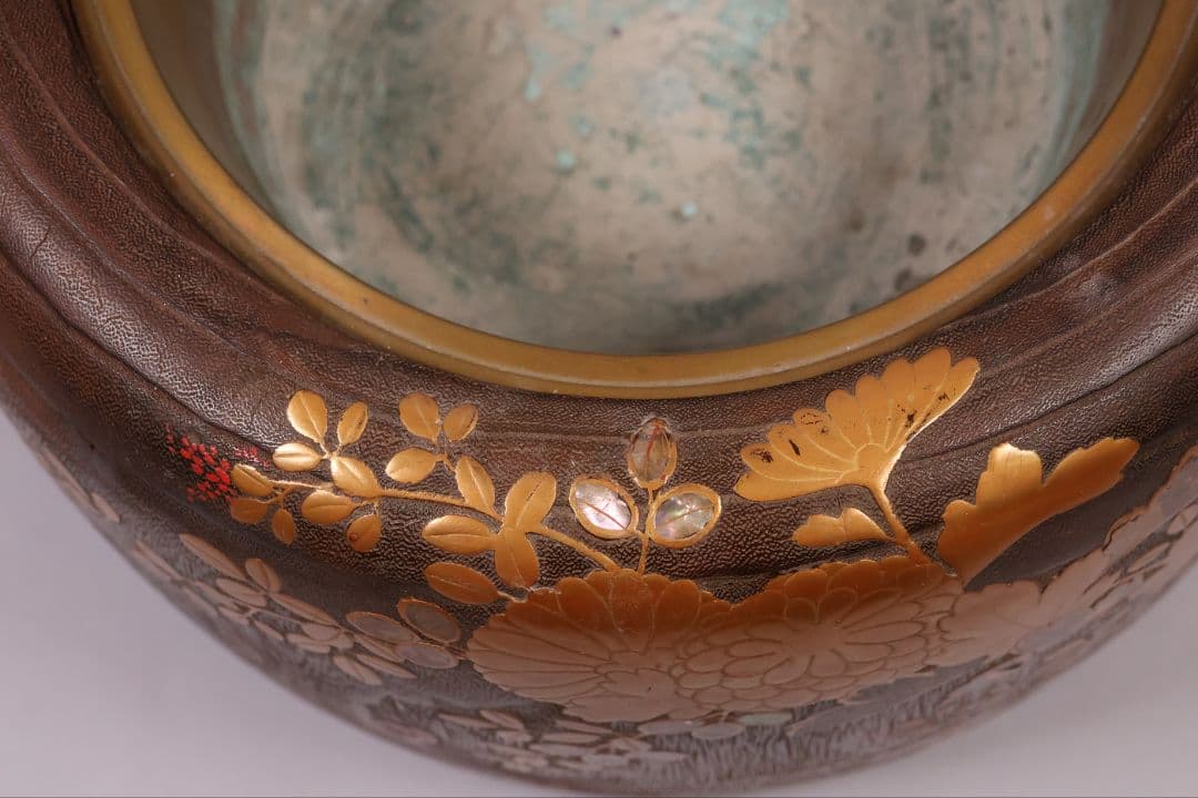 花鳥蒔絵 螺鈿細工 桐火鉢 幅30.7cm 高20cm 金蒔絵 草花【MB69