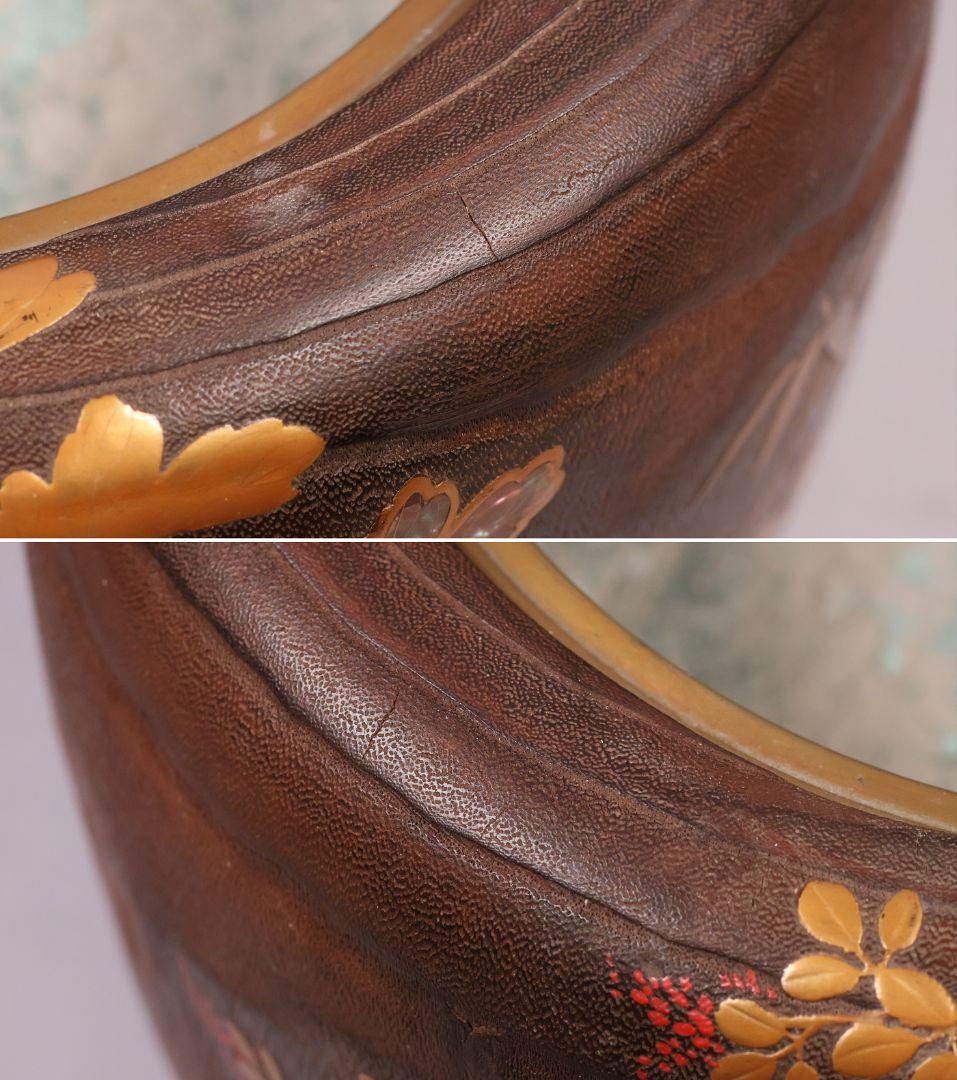 花鳥蒔絵 螺鈿細工 桐火鉢 幅30.7cm 高20cm 金蒔絵 草花【MB69