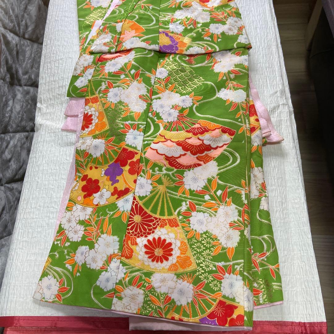 3歳祝い着 七五三用 緑色の花柄和装shak2点分　K117