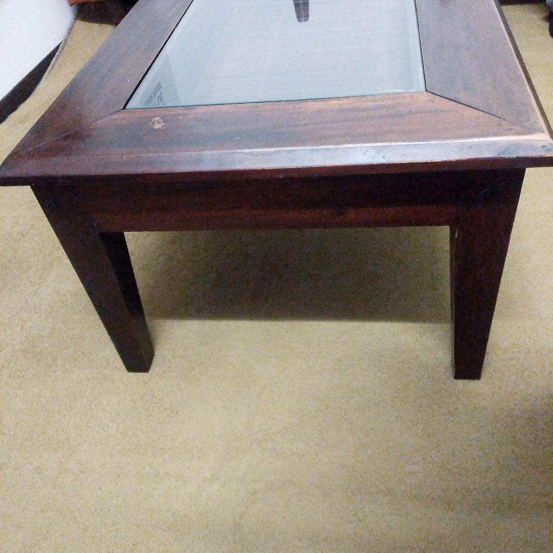 木製ガラス天板引き出し付き四角テーブル