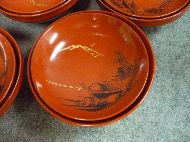 朱塗 沈金 月夜に舟図 吸物椀 10個 [B31538]