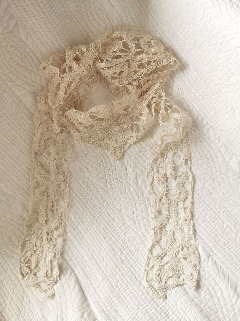 アンティーク ボビン編みリネンレース 艶と光沢のあるショール アイボリーエクリュ
