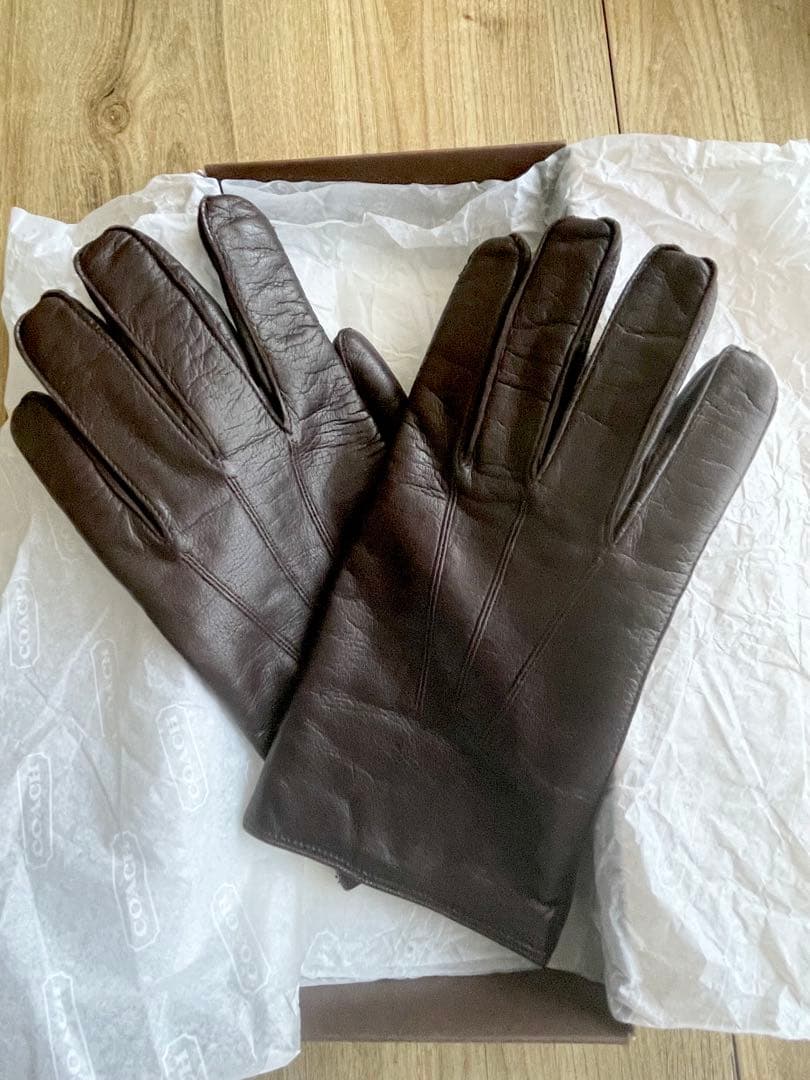 【美品】COACHダークブラウン レザーカシミヤ手袋L 専用箱付12時間以内発送