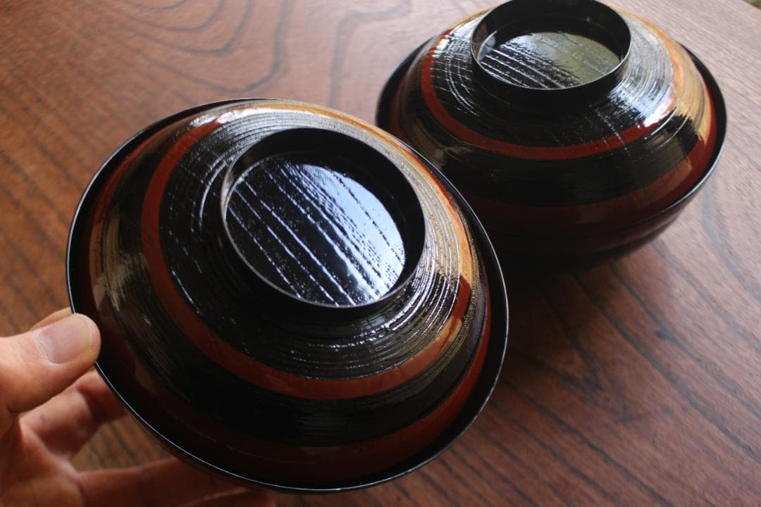 デッドストック！極上独塗分柿合わせに優美な見返雲錦蒔絵の映えるお椀2点（検山中塗