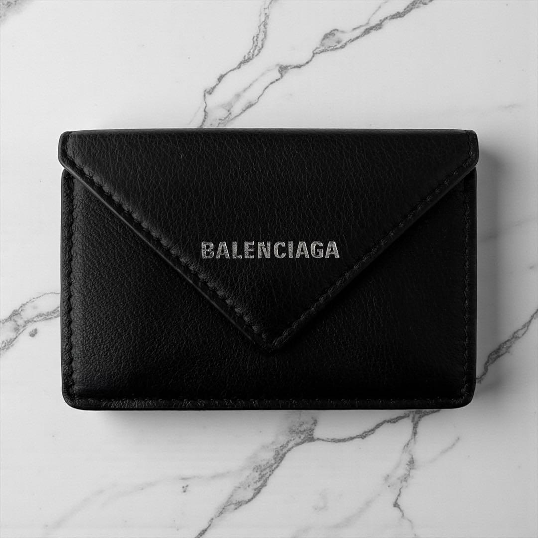 展示品 バレンシアガ ペーパー ミニウォレット レザー ブラック 三つ折り財布