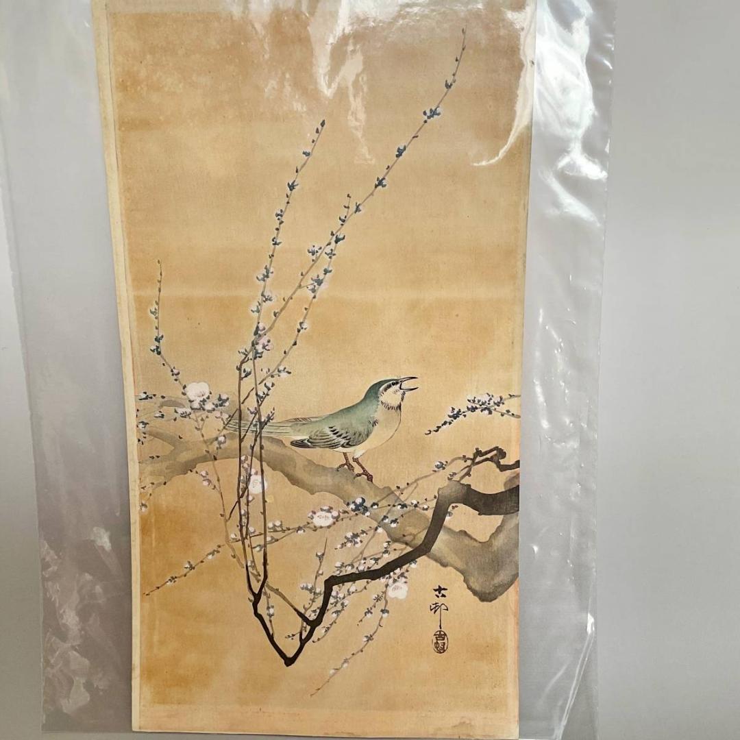 小原古邨 祥邨 豊邨 『梅に鶯』 明治後期作 木版画 真作 美品 鳥 ウグイス