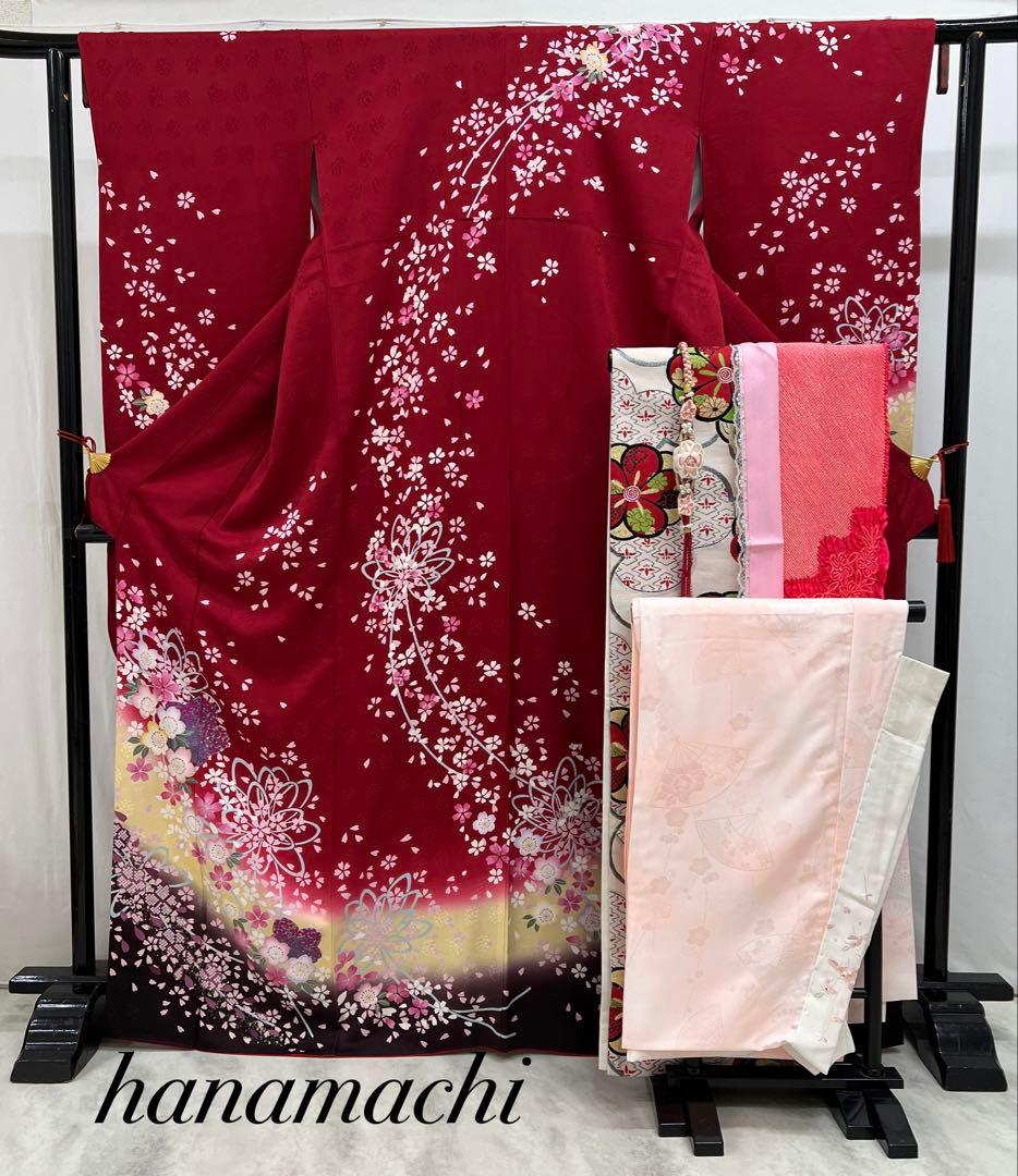 振り袖　フルセット　金彩加工　刺繍入り　長襦袢付　成人式　赤　641