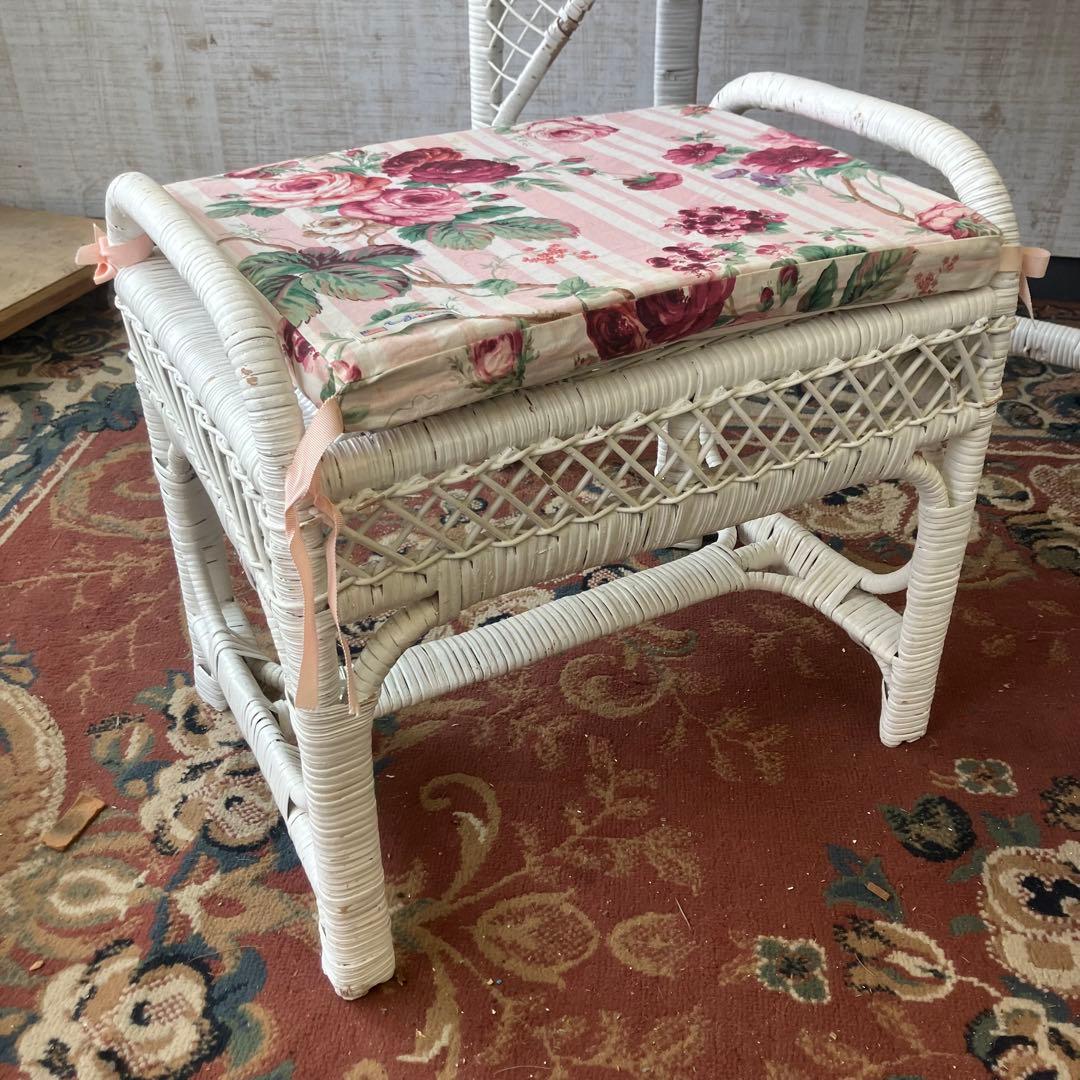 北欧レトロ 姫系 ラタンドレッサー 鏡台 椅子&ゴミ箱付き ビンテージ 古家具