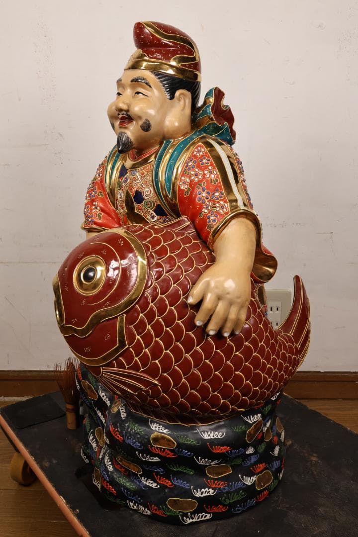 九谷焼　峰光 銘　色絵金彩　恵比寿像　七福神　置物　高さ約62cm　BK125