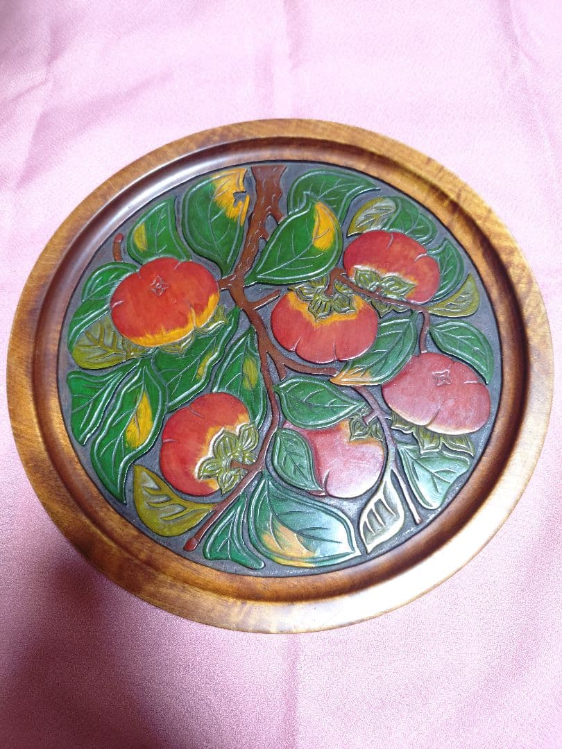 讃岐 盆 柿の木 漆 彩色 黄金楠木 彫刻 在銘 アンティーク 工芸品 置物