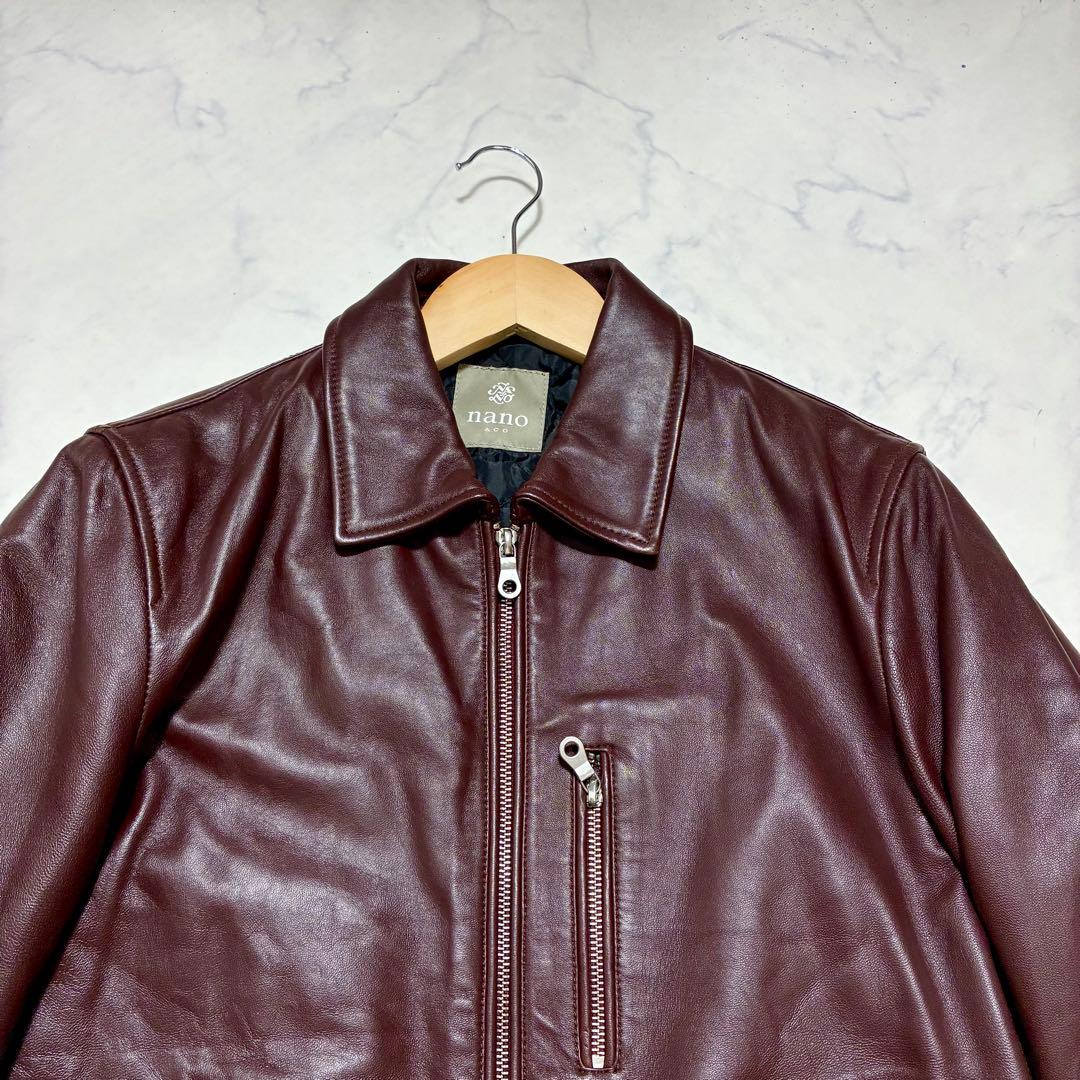 ナノユニバース ライダースジャケット シングル キルティング 羊革 ボルドー M