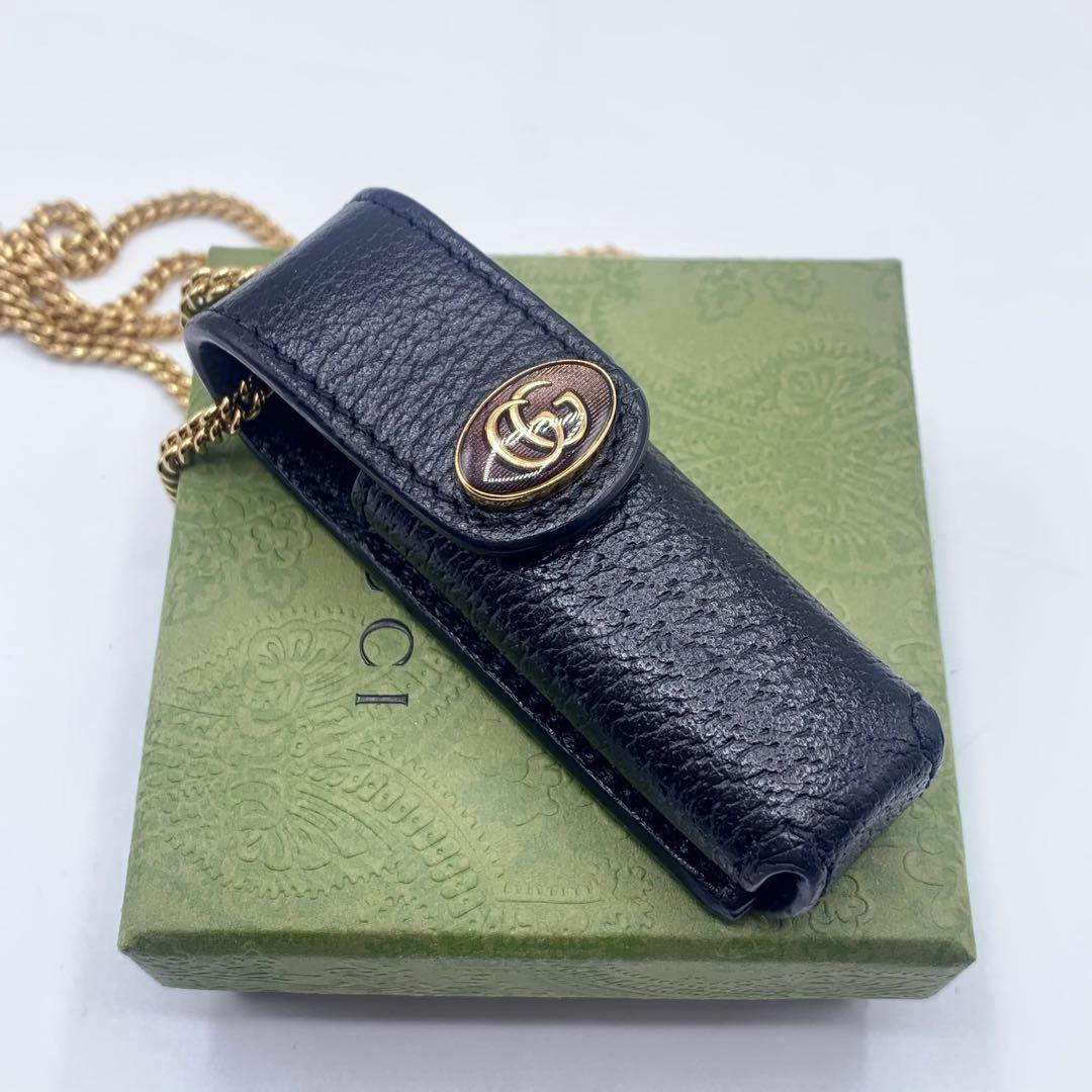 【新品】GUCCI リップケース　ネックレス　ブラック　オシャレ　GG レザー