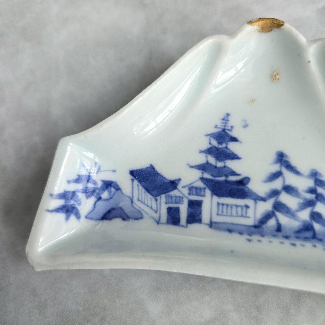 古伊万里　染付　変形小皿　富士山　江戸時代　三重の塔　骨董　金継ぎ　アンティーク