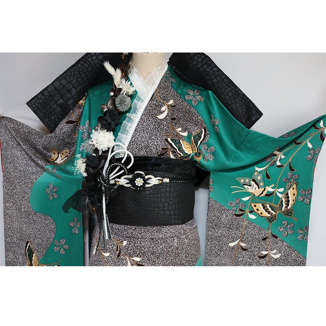 人気色！ヴィンテージ◆ 振袖6点セット ◆163cm緑系フルセット帯正絹RG46