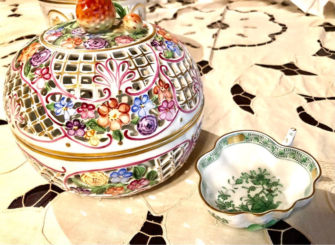 ヘレンド★特大透かしボンボニエール ★希少★17.5cm☆アンティーク金彩♪値下